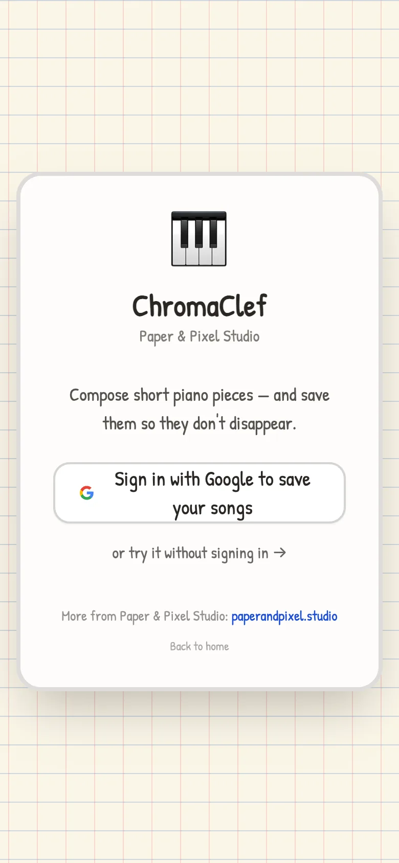 The Chroma Clef start screen on a phone: compose short piano pieces, sign in with Google to save them, or try it without signing in.