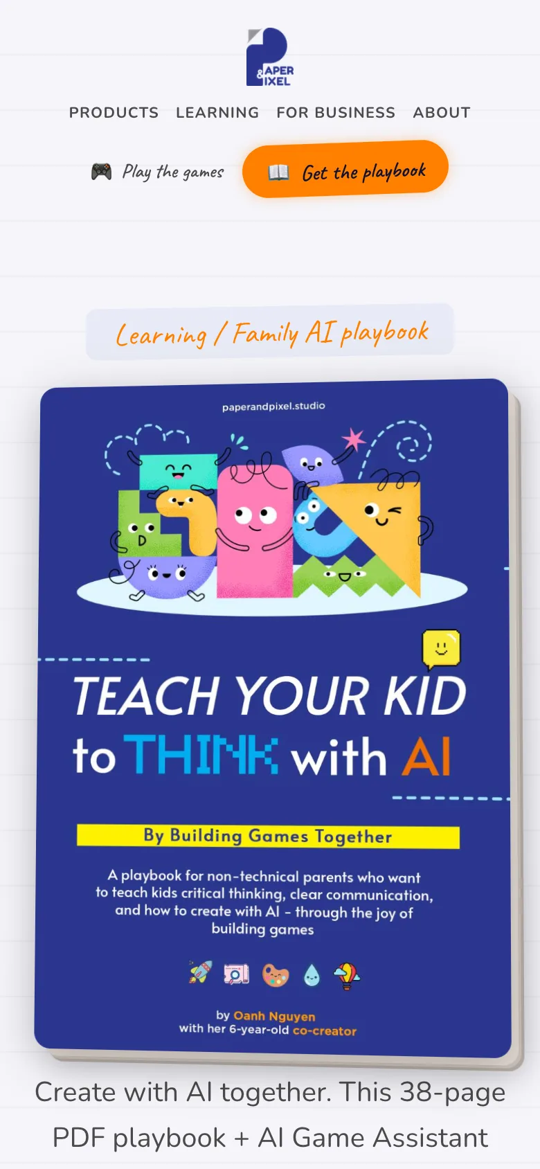The playbook page on a phone, showing the cover of Teach Your Kid to Think With AI, By Building Games Together.