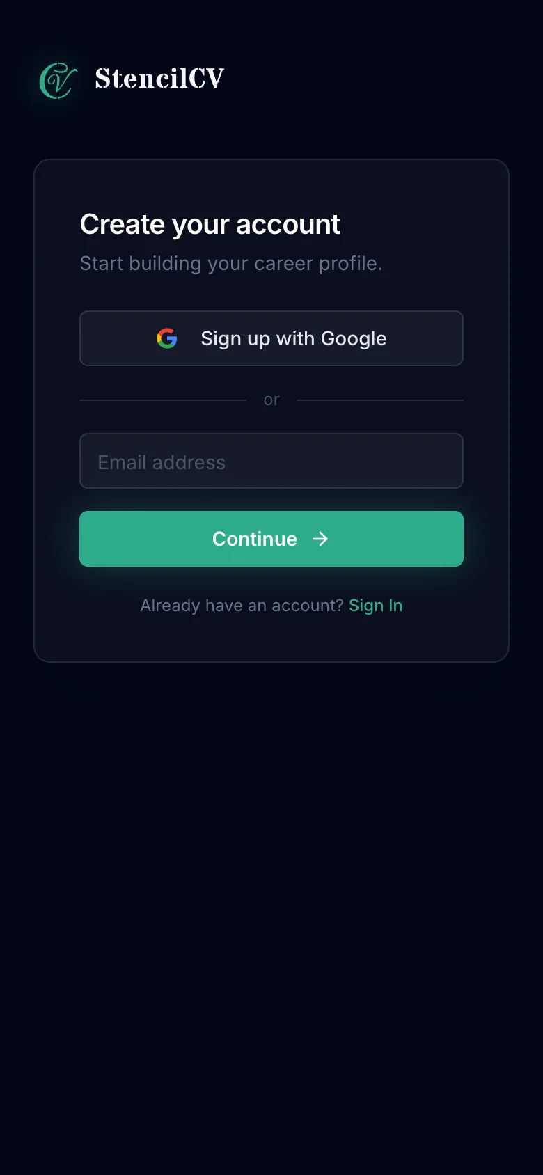 The StencilCV sign-up screen on a phone: create your account with Google or an email address.