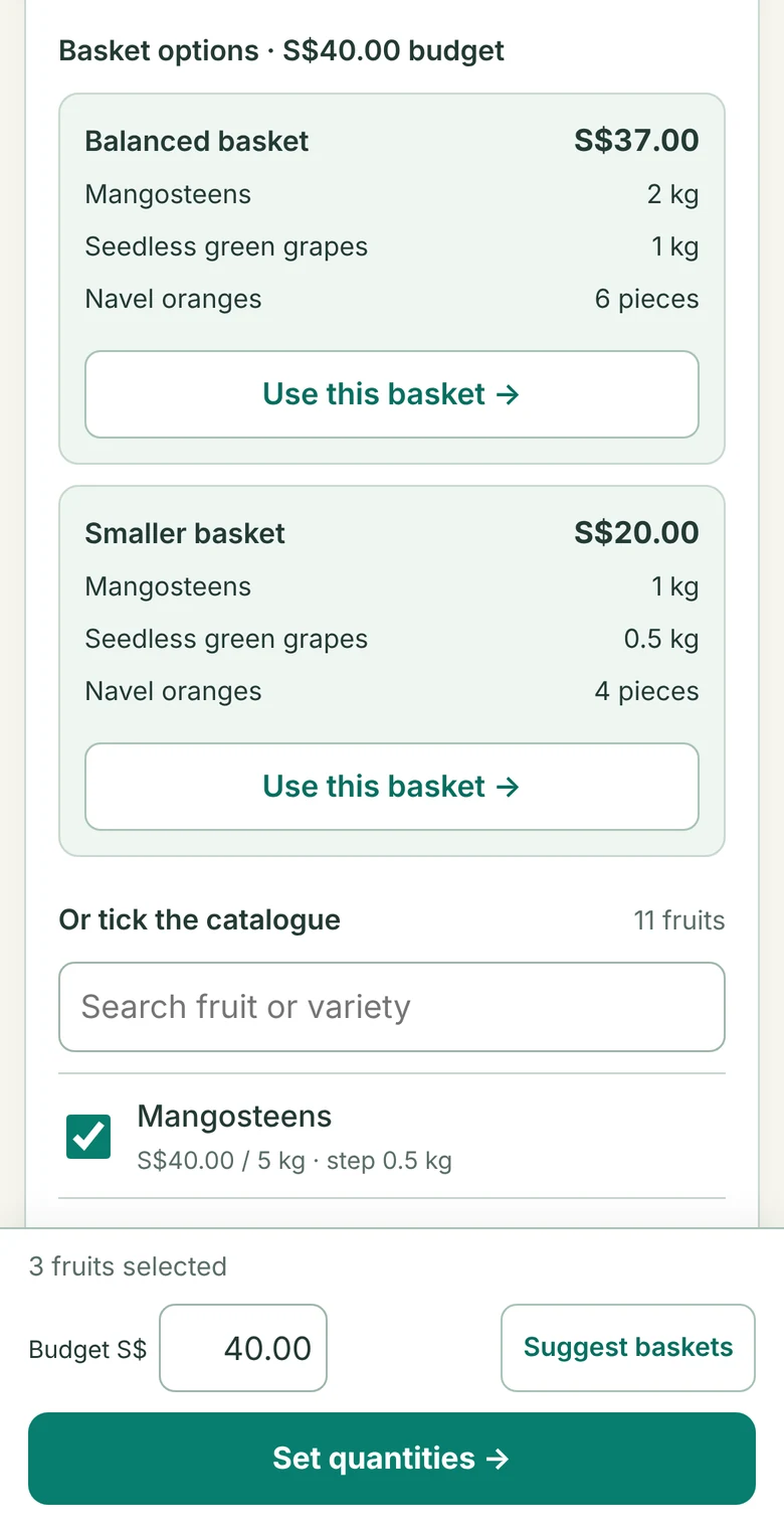 The Fruitlah order form showing two suggested baskets for a forty-dollar budget