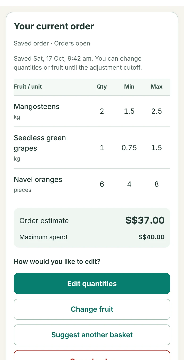 Your current order screen with Edit quantities, Change fruit and Suggest another basket buttons