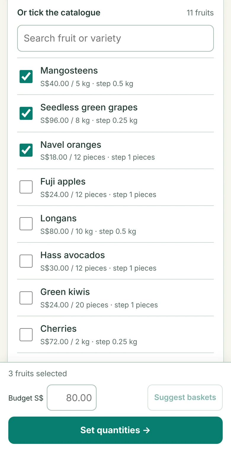 Order form catalogue with three fruits ticked and a Set quantities button
